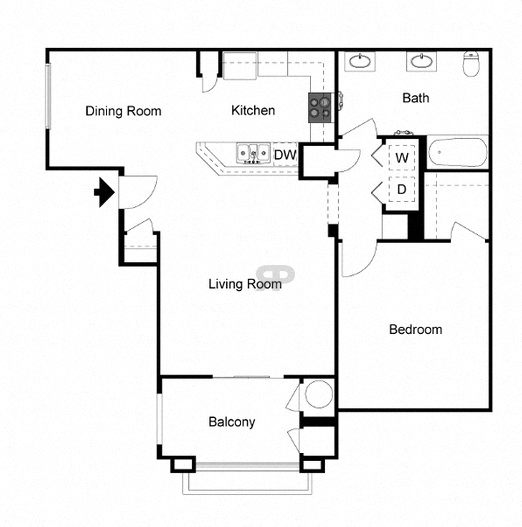Floor plan for 1 bed, 1 bath, 850 sqft
